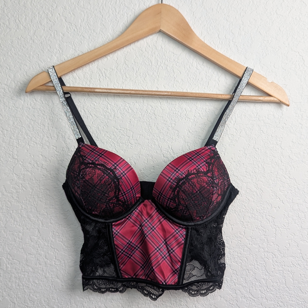 Victoria's Secret Pink and Black Plaid Lace Bralette Bustier Corset